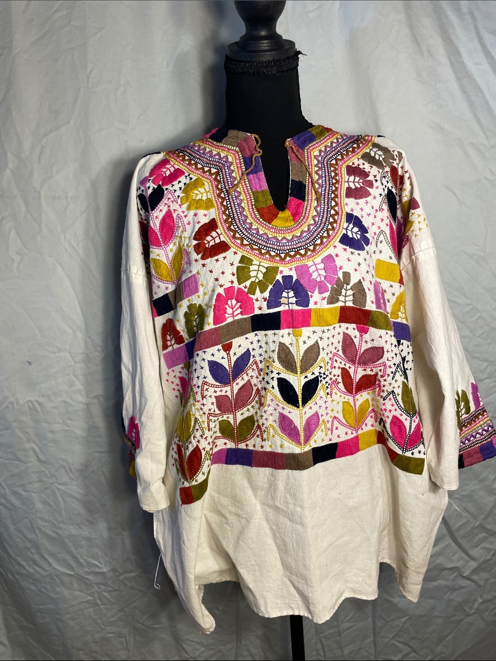 Embroidered Cream Tunic Top with Pink & Olive Accents cotton handmade